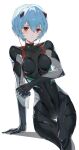  1girl absurdres arm_support ayanami_rei bangs black_bodysuit blue_hair bodysuit breasts breasts_apart closed_mouth earphones hair_between_eyes headgear highres holding looking_at_viewer neon_genesis_evangelion plugsuit red_eyes ryes_8 shiny shiny_hair short_hair simple_background sitting small_breasts smile solo thigh_gap white_background 