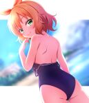  1girl ass ayase_midori back bangs bare_shoulders blurry blurry_background blush clothes_down commentary dutch_angle eyebrows_visible_through_hair green_eyes hair_ribbon idolmaster idolmaster_cinderella_girls looking_at_viewer medium_hair orange_hair orange_ribbon outside_border reward_available ribbon sakurai_momoka sidelocks smile solo swimsuit 