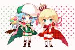  2girls bangs blonde_hair blue_eyes blue_hair blush boots bow bowtie cape character_request chibi eyebrows_visible_through_hair flower green_neckwear hat hibi89 holding holding_staff holding_sword holding_weapon kneehighs looking_at_viewer merc_storia multiple_girls open_mouth pink_neckwear plaid_cape polka_dot polka_dot_background puffy_shorts rose short_hair shorts smile staff star_(symbol) sword thighhighs two-sided_cape two-sided_fabric weapon white_legwear 