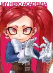  1girl 4o080_yotabnc boku_no_hero_academia bow bowtie commentary_request copyright_name earrings gloves heart heart_earrings heart_hands highres jewelry la_brava long_hair pink_background red_hair solo twintails two-tone_background very_long_hair white_background white_bow white_neckwear 