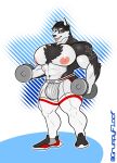  2021 abs abstract_background absurd_res anthro big_muscles big_nipples body_hair bulge canid canine canis chest_hair clothing dumbbell exercise footwear grumpyfloof hair hi_res jockstrap knee_highs knee_socks legwear looking_at_viewer male mammal muscular muscular_anthro muscular_male nipples one_eye_closed pecs shoes smile socks solo standing tattoo tongue tongue_out underwear weightlifting weights wink wolf workout 