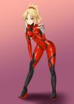  1girl blonde_hair bodysuit braid breasts cameltoe fate/grand_order fate_(series) french_braid full_body green_eyes hair_ornament hair_scrunchie highres looking_at_viewer matrix16 medium_breasts mordred_(fate) mordred_(fate)_(all) multicolored multicolored_bodysuit multicolored_clothes plugsuit ponytail red_bodysuit scrunchie skin_tight smile solo thighs 