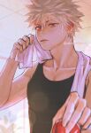  1boy absurdres artist_name bakugou_katsuki black_tank_top blonde_hair blurry blurry_foreground boku_no_hero_academia can collarbone depth_of_field hair_between_eyes hand_up highres holding indoors looking_at_viewer male_focus red_eyes short_hair solo spiked_hair sweat tank_top toned toned_male towel towel_around_neck upper_body wengwengchim 