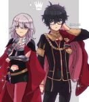  1girl alternate_color amamiya_ren armor bangs black_hair byleth_(fire_emblem) byleth_(fire_emblem)_(female) cape cosplay edelgard_von_hresvelg edelgard_von_hresvelg_(cosplay) fire_emblem fire_emblem:_three_houses garreg_mach_monastery_uniform glasses gloves highres kiriya_(552260) long_hair looking_at_viewer pantyhose persona persona_5 purple_eyes red_cape short_hair simple_background super_smash_bros. white_hair yellow_cape 