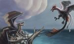 2013 cliff defending digital_media_(artwork) digital_painting_(artwork) dragon duo egg eye_contact female_(lore) feral fight irae_(oc) looking_at_another male_(lore) nest outside roaring sea shivinik_(oc) the-art-junky water wyvern 