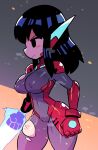  1girl absurdres asta_rindo black_hair bodysuit cameltoe clenched_hands closed_mouth covered_navel covered_nipples cowboy_shot energy_blade from_side gloves grey_bodysuit highres long_hair original profile rariatto_(ganguri) red_gloves robot_ears solo standing 