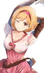 1girl ;) arm_behind_head arm_up blonde_hair breasts brown_eyes cleavage collarbone commentary_request djeeta_(granblue_fantasy) eyebrows_visible_through_hair granblue_fantasy hairband holding holding_sword holding_weapon looking_at_viewer medium_breasts one_eye_closed pink_hairband short_hair simple_background smile so_korokoro solo sword weapon white_background 
