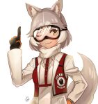  1girl absurdres alternate_costume animal_ears black_gloves commentary_request dog_(mixed_breed)_(kemono_friends) dog_ears dog_girl dog_tail eyebrows_visible_through_hair gloves grey_hair grey_jacket hand_on_hip harness highres jacket kemono_friends kemono_friends_3 kodineun_haengbokhada korean_commentary multicolored multicolored_clothes multicolored_gloves multicolored_hair one_eye_closed orange_gloves photo-referenced pointing red_vest scarf short_hair ski_goggles solo sweater tail two-tone_hair vest white_hair white_neckwear white_sweater yellow_eyes 