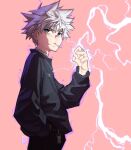  1boy black_pants blue_eyes chain closed_mouth commentary ear_clip ear_piercing earrings edpan electricity english_commentary fingernails grey_sweater hair_between_eyes hand_in_pocket hand_up highres hunter_x_hunter jewelry killua_zoldyck male_focus mouth_hold necklace pants piercing pink_background redrawn ring signature simple_background solo stud_earrings sweater upper_body white_hair 