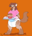  absurd_res anthro clothing cuddlehooves diaper digitigrade female food handwear hi_res hyaenid looking_at_viewer mammal muffin open_mouth oven_mitts paws smile solo spotted_hyena teeth tray watermark 
