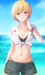  1girl :d bikini bikini_under_clothes black_bikini black_shorts blonde_hair blue_sky blurry blurry_background blush collarbone commentary_request day grin highres idolmaster idolmaster_shiny_colors k-chitsu looking_at_viewer midriff navel ocean open_mouth outdoors purple_eyes saijou_juri shirt short_hair shorts sky smile solo swimsuit wet white_shirt 