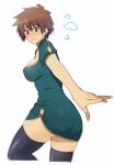  1girl ass black_legwear blush breasts brown_hair china_dress chinese_clothes dress embarrassed eyebrows_visible_through_hair flying_sweatdrops genderswap genderswap_(mtf) green_eyes kinu_(le) kono_subarashii_sekai_ni_shukufuku_wo! large_breasts satou_kazuma short_hair solo thighhighs white_background 