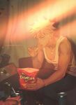  1boy absurdres alternate_costume artist_name bakugou_katsuki bangs blonde_hair boku_no_hero_academia can collarbone doritos earrings food highres holding holding_food indoors jewelry light male_focus nachos necklace open_mouth pants seat short_hair sitting solo spiked_hair table tank_top toned toned_male tongue wengwengchim white_hair 