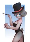  2019 anthro blue_background blue_eyes buckteeth card clothed clothing conditional_dnp elijah-draws eyelashes female fur gradient_background grey_body grey_fur hat headgear headwear hi_res lagomorph leporid looking_at_viewer mammal pink_nose playing_card rabbit simple_background solo teeth top_hat 
