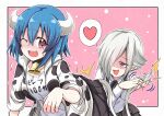  2girls absurdres animal_print bell black_nails black_skirt blue_hair blush breasts cow_girl cow_horns cow_print cow_tail eyebrows_visible_through_hair fang grey_hair hair_over_one_eye heart highres horns jacket jashin-chan_dropkick large_breasts looking_at_another minos_(jashin-chan_dropkick) multiple_girls neck_bell one_eye_closed open_mouth persephone_ii pink_eyes pleated_skirt shirt short_hair skirt sleeves_rolled_up smile speech_bubble spoken_heart tail white_shirt yuri yyuki317 