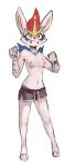  2021 anthro areola barefoot bottomwear breasts cinderace clothed clothing conditional_dnp elijah-draws female fur hi_res hotpants nintendo nipples pink_areola pink_nipples pok&eacute;mon pok&eacute;mon_(species) shorts simple_background solo standing topless video_games white_background white_body white_fur 