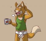  anthro briefs bulge canid canine clothing coffee_cup english_text erection eyes_closed fox fox_mccloud fur green_clothing green_shirt green_topwear hand_behind_head kayadult male mammal morning_wood nintendo open_mouth orange_body orange_fur shirt simple_background solo star_fox tan_background tan_body tan_fur tank_top teeth_showing text tighty_whities tongue_showing topwear underwear video_games waking white_clothing white_underwear 