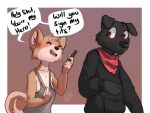  ! 2020 4:3 ? absurd_res anthro black_body black_fur border brown_body brown_fur canid canine canis cheek_tuft clothed clothing conditional_dnp dialogue domestic_dog duo elijah-draws english_text facial_tuft female floppy_ears fur gradient_background head_tuft hi_res holding_object humor male mammal open_mouth question shirt signature simple_background speech_bubble tank_top text topwear tuft white_border 