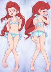  1girl ass bikini blue_bikini dakimakura_(medium) highres kedama_no_gonjirou long_hair lying muramura_hito navel ojo_(kedama_no_gonjirou) on_back on_stomach polka_dot polka_dot_bikini red_eyes red_hair swimsuit 