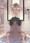  2boys absurdres arms_up artist_name bakugou_katsuki bangs bathtub blonde_hair boku_no_hero_academia collarbone freckles green_hair hand_in_hair highres male_focus midoriya_izuku mirror multiple_boys nipples open_mouth reflection short_hair spiked_hair tile_wall tiles towel water wengwengchim wet wet_hair 