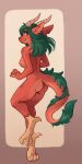  2019 anthro asian_mythology bird_feet breasts claws digital_media_(artwork) dragon east_asian_mythology eastern_dragon feet female fur greed_fur green_hair green_tuft hair hi_res horn looking_at_viewer mythology nude red_body retros simple_background smile solo standing tail_tuft toes tuft 