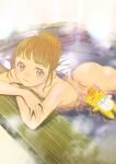  1girl :3 arm_rest ass bangs bath bathing blunt_bangs blush brown_eyes brown_hair cat commentary_request completely_nude elbow_rest hair_bun hair_up healin&#039;_good_precure healing_animal hiramitsu_hinata jj_(ssspulse) leaning_forward looking_at_viewer nude nyatoran_(precure) ofuro onsen partially_submerged precure shiny shiny_skin smile steam water wooden_bathtub 