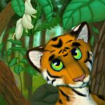  1:1 alex_randomkat ambiguous_gender anthro black_markings black_pupils detailed_background facial_markings felid flower forest fur green_eyes head_markings hi_res looking_up mammal markings no_sclera orange_body orange_fur pantherine plant pupils rock solo striped_body striped_fur stripes tiger tree 