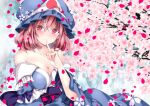 1girl bare_shoulders blue_headwear blue_kimono blurry blurry_background blush breasts cherry_blossoms cleavage closed_mouth commentary_request falling_petals finger_to_mouth flower frills hair_between_eyes hat japanese_clothes kimono light_smile looking_at_viewer medium_breasts mob_cap nanase_nao off-shoulder_kimono outdoors petals pink_eyes pink_flower pink_hair saigyouji_yuyuko shiny shiny_hair solo touhou tree triangular_headpiece upper_body 
