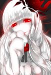  1girl abyssal_ship bangs blunt_bangs breasts glowing glowing_eyes highres kantai_collection large_breasts lips long_hair lycoris_princess naonakamura partially_unbuttoned red_lips smile very_long_hair white_hair 