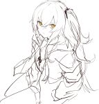  1girl bangs closed_mouth eyebrows_visible_through_hair ff_frbb122 girls_frontline greyscale hands_in_pockets highres jacket long_hair looking_at_viewer monochrome open_clothes open_jacket scar scar_across_eye sitting solo twintails ump45_(girls_frontline) white_background yellow_eyes 