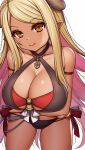  1girl arms_under_breasts asamura_hiori bangs bare_shoulders blonde_hair breasts cleavage closed_mouth collarbone commentary_request cowboy_shot eyebrows_visible_through_hair granblue_fantasy halterneck highres horns kuvira_(granblue_fantasy) large_breasts leaning_forward long_hair looking_at_viewer parted_bangs pointy_ears sidelocks simple_background smile solo standing swimsuit very_long_hair white_background yellow_eyes 