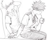  2boys arm_up bakugou_katsuki blush boku_no_hero_academia collarbone collared_shirt couch drinking drinking_straw flying_sweatdrops freckles from_side greyscale highres holding_hands leaning_back male_focus midoriya_izuku monochrome multiple_boys necktie on_couch pants scar_on_arm school_uniform shirt short_hair short_necktie sitting spiked_hair u.a._school_uniform wengwengchim yaoi 