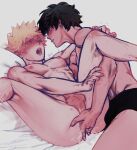  2boys absurdres anal anal_fingering anal_fluid bakugou_katsuki bangs black_hair black_male_underwear blonde_hair blush boku_no_hero_academia completely_nude eye_contact feet_out_of_frame fingering grey_background highres legs_up looking_at_another looking_at_viewer lying male_focus midoriya_izuku multiple_boys nipples nude on_back open_mouth parted_lips pectorals penis profile saliva shirtless short_hair spiked_hair testicles wengwengchim yaoi 