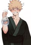  1boy absurdres bag bagged_fish bakugou_katsuki black_kimono blonde_hair blush boku_no_hero_academia collarbone cowboy_shot fish goldfish grin hand_up highres holding japanese_clothes kimono long_sleeves looking_at_viewer male_focus open_mouth red_eyes simple_background smile solo spiked_hair teeth upper_body wengwengchim white_background yukata 