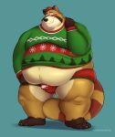  2020 anthro belly blue_background brown_body brown_fur bulge clothing fur hi_res male mammal obese obese_anthro obese_male overweight overweight_anthro overweight_male procyonid raccoon shibadoodles simple_background solo sweater topwear underwear 