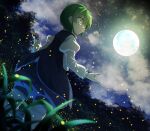  1girl :o antennae bangs black_cape blue_shorts blurry blurry_foreground cape cloud cloudy_sky dutch_angle feet_out_of_frame fireflies from_below full_moon green_eyes green_hair hair_between_eyes highres juliet_sleeves kakutasu_(akihiron_cactus) long_sleeves looking_to_the_side moon night night_sky outdoors parted_lips puffy_sleeves shirt shorts sky solo standing star_(sky) touhou tree white_shirt wriggle_nightbug 