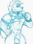  animal_genitalia anthro balls biceps bracelet canid canine caronte collar fluffy genitals harness hi_res jewelry male mammal manly milkshake muscular muscular_anthro muscular_male nude pinup pose ronte sheath simple_background sketch slurp solo straw 