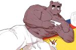  2021 anthro bottomwear clothing fur hi_res kemono male mammal muscular muscular_anthro muscular_male nipples pecs simple_background solo syukapong 