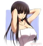  1girl armpits arms_behind_head arms_up bangs black_hair blunt_bangs breasts brown_eyes cleavage closed_mouth commentary eyebrows_visible_through_hair girls_und_panzer hair_tie large_breasts long_hair looking_at_viewer mature naked_towel nanjou_satoshi nishizumi_shiho solo straight_hair towel twitter_username upper_body white_towel 