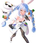  1girl :d animal_ear_fluff animal_ears bangs bare_shoulders black_gloves black_legwear black_leotard blue_hair braid breasts bunny bunny_ears bunny_tail carrot_hair_ornament coat creature detached_sleeves don-chan_(usada_pekora) food_themed_hair_ornament foot_out_of_frame full_body fur-trimmed_coat fur-trimmed_gloves fur_scarf fur_trim garters gloves hair_ornament highres hikimayu holding holding_microphone hololive leotard leotard_under_clothes long_hair looking_at_viewer mary_janes microphone multicolored_hair nousagi_(usada_pekora) open_mouth orange_eyes pantyhose playboy_bunny puffy_short_sleeves puffy_sleeves red_eyes scarf shoes short_eyebrows short_sleeves simple_background single_garter small_breasts smile solo strapless strapless_coat strapless_leotard swept_bangs tail thick_eyebrows throwing twin_braids twintails two-tone_hair upper_teeth usada_pekora virtual_youtuber white_background white_coat white_footwear white_hair white_scarf white_sleeves yakatora 