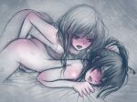  2girls aihara_mei aihara_yuzu anpsart artist_name ass blush breasts citrus_(saburouta) commentary fingering hair_pull half-closed_eyes highres kneeling masturbation multiple_girls nipples nude open_mouth sheet_grab small_breasts step-siblings sweatdrop thighs wife_and_wife yuri 