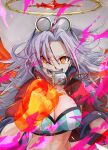  1girl ace_kin bandaid bandaid_on_face blood bloody_nose boxing_gloves breasts cleavage clenched_hand coat energy gloves goggles goggles_on_head grey_hair hair_between_eyes halo highres long_hair monster_strike multicolored multicolored_hair open_mouth orange_eyes orange_wings oversized_object red_coat red_hair sleeves_rolled_up solo streaked_hair teeth transparent upper_body whistle wings 