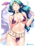  1girl artist_name bikini bishoujo_senshi_sailor_moon black_bikini blue_eyes blush breasts choker cleavage collarbone earrings green_hair groin h-mune jewelry kaiou_michiru large_breasts long_hair looking_at_viewer parted_lips sailor_neptune shiny shiny_hair shiny_skin simple_background solo star_(symbol) star_earrings swimsuit swimwear thighs thong_bikini tiara white_background 