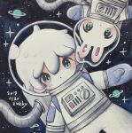  1boy aqua_eyes astronaut blush dated highres no_nose original planetary_ring short_hair signature solo space_helmet spacesuit white_hair zukky000 