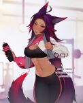  1girl abs ahoge animal_ears black_pants blurry blurry_background breasts cleavage commentary commission cropped_hoodie depth_of_field edie_crop_hoodie english_commentary facial_mark forehead_mark fox_ears fox_tail gradient_hair gradient_tail gym hand_up head_tilt highres holding hood hoodie large_breasts lavelis long_sleeves looking_at_viewer meme_attire multicolored_hair navel orange_eyes original pants parted_lips purple_hair signature smile smug solo sports_bra standing tail towel towel_around_neck 