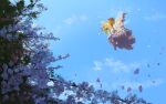  1girl blue_sky branch cherry_blossoms cloud cloudy_sky fairy fairy_wings flower highres landscape lily_white outdoors petals pink_flower sky smile solo spring_(season) touhou tree tree_branch ushitsuchi wings 