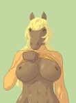  9x9 anthro athletic athletic_female big_breasts blonde_hair bodily_fluids breasts brown_nipples clothed clothing clothing_lift equid equine female female_focus hair hi_res horse long_hair looking_away mammal mane mane_hair muscular muscular_female narrowed_eyes navel nipples shirt shirt_lift simple_background solo sweat sweater sweaty_breasts topwear turtleneck 