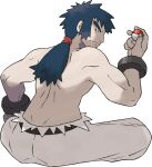  1boy black_eyes bright_pupils bruno_(pokemon) closed_mouth elite_four frown full_body hand_up highres holding holding_poke_ball long_hair looking_at_viewer looking_back male_focus muscular muscular_male official_art pants poke_ball poke_ball_(basic) pokemon pokemon_(game) pokemon_hgss ponytail shirtless sitting solo sugimori_ken tied_hair transparent_background 