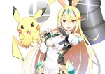  1girl aegis_sword_(xenoblade) bangs black_legwear blonde_hair chest_jewel daive gem gen_1_pokemon hammer headpiece highres long_hair mythra_(massive_melee)_(xenoblade) mythra_(xenoblade) pikachu pokemon_(creature) red_shorts shorts smile super_smash_bros. super_smash_bros._logo swept_bangs tiara xenoblade_chronicles_(series) xenoblade_chronicles_2 