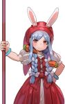  1girl animal_ears blue_hair blush bow bow_(bhp) braid bunny_ears closed_mouth cosplay dragon_quest dragon_quest_xi dress ears_through_headwear hair_bow hand_on_hip head_scarf highres holding holding_staff hololive looking_at_viewer multicolored_hair orange_eyes puffy_short_sleeves puffy_sleeves red_dress short_sleeves simple_background smile solo staff twin_braids two-tone_hair usada_pekora veronica_(dq11) veronica_(dq11)_(cosplay) white_background white_bow white_hair wristband 